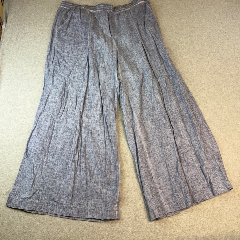 Blue White Slubbed Wide Leg Elastic Waist Relaxed Breezy Pants Women